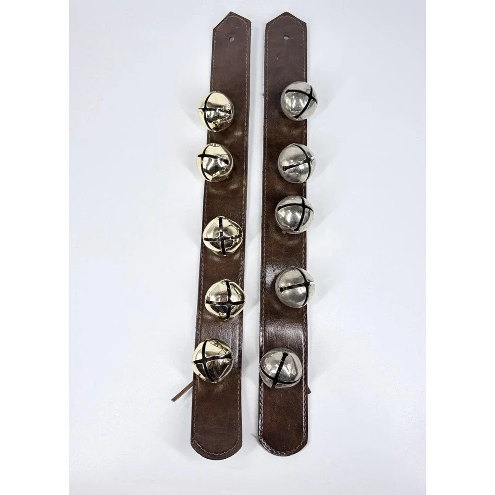 Vintage Sleigh Bells Brown Leather Straps Gold Silver Jingle Bells 2pk